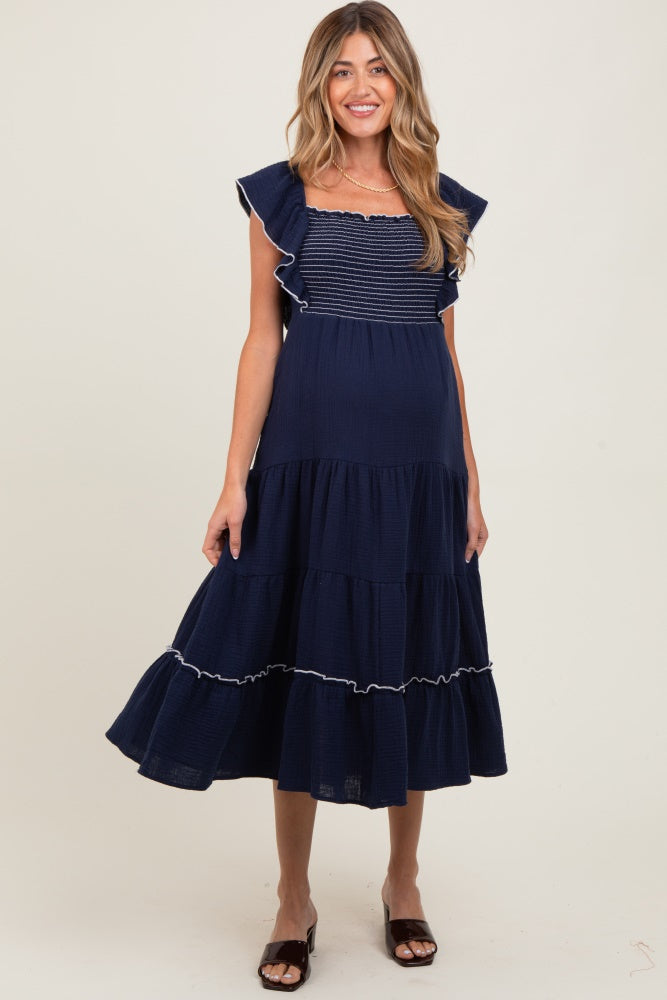 Navy Smocked Ruffle Sleeve Maternity Midi Dress