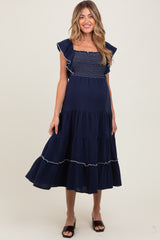 Navy Smocked Ruffle Sleeve Maternity Midi Dress