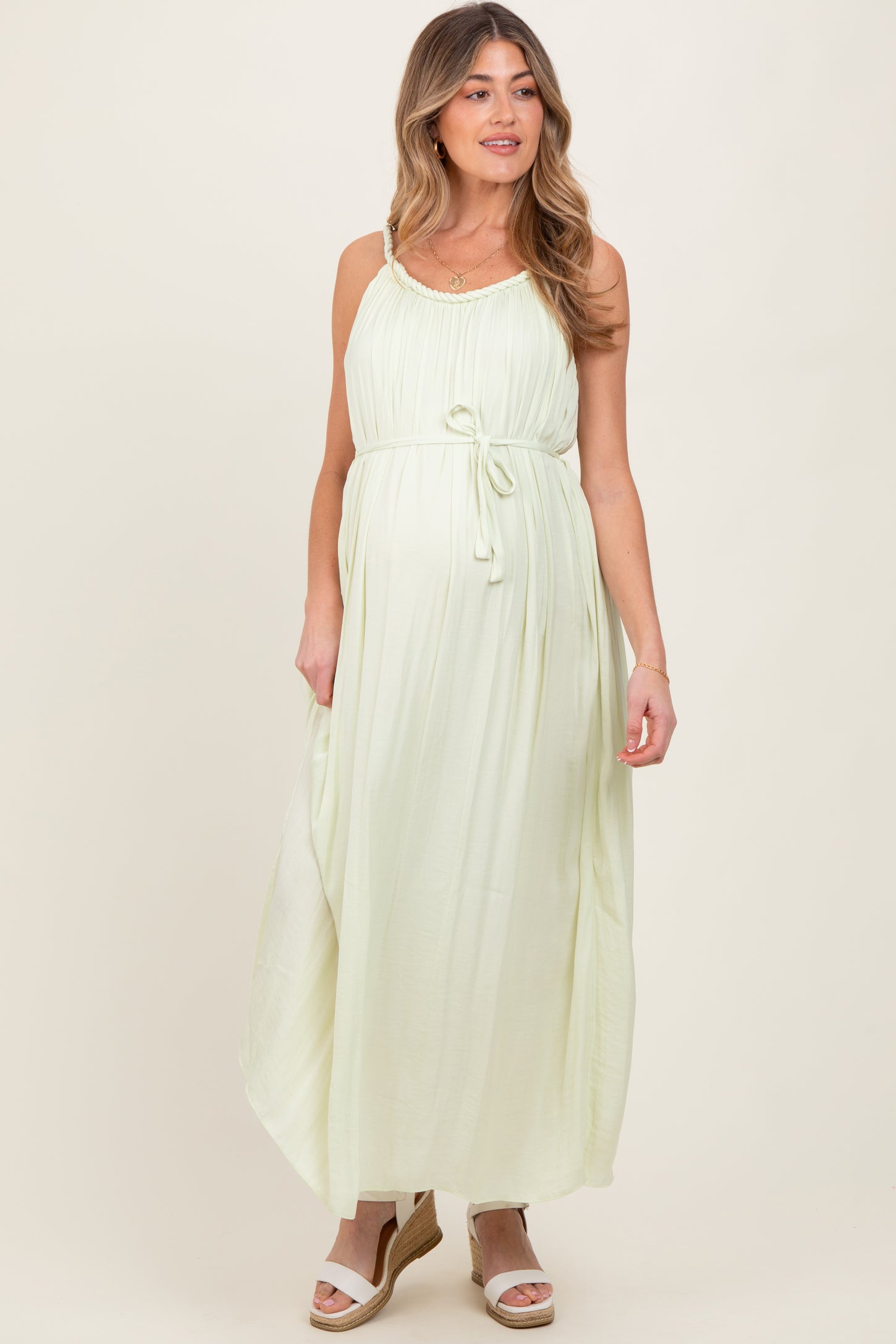 Light Mint Braided Neckline Maternity Maxi Dress