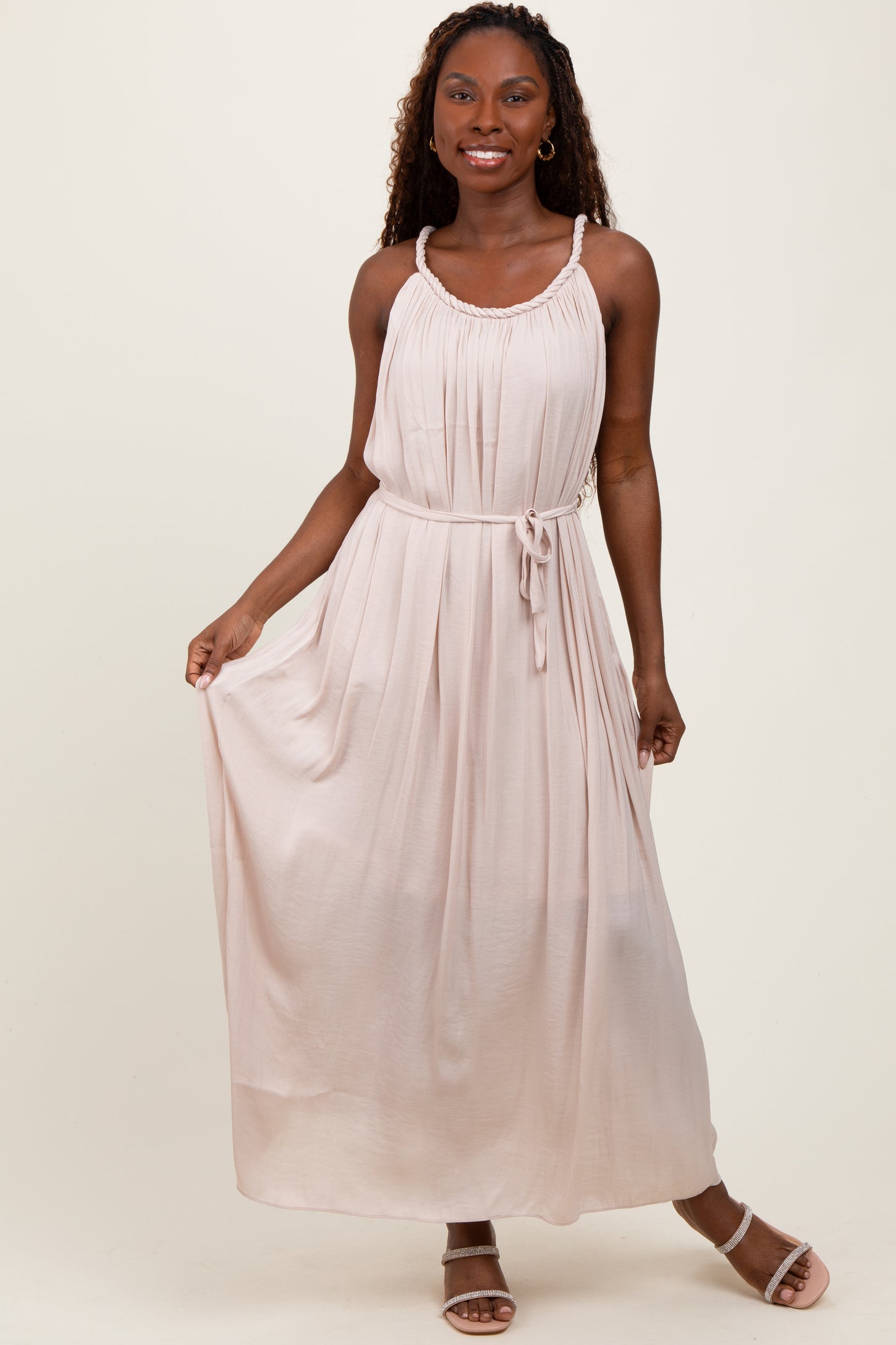 Cream Braided Neckline Maxi Dress
