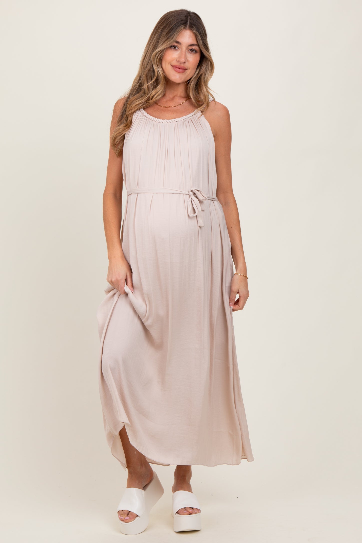 Cream Braided Neckline Maternity Maxi Dress