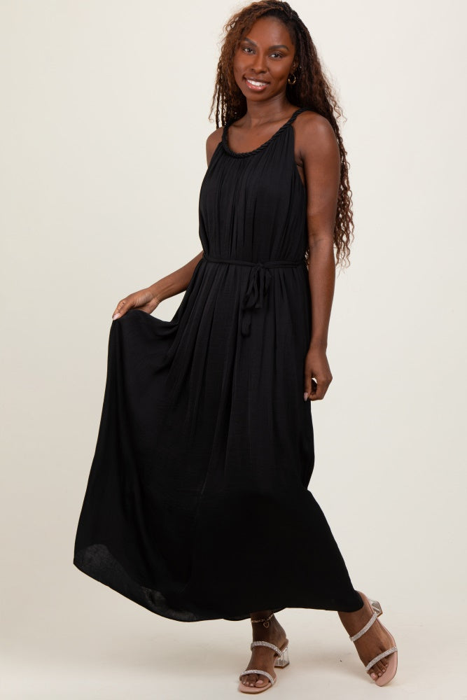 Black Braided Neckline Maternity Maxi Dress