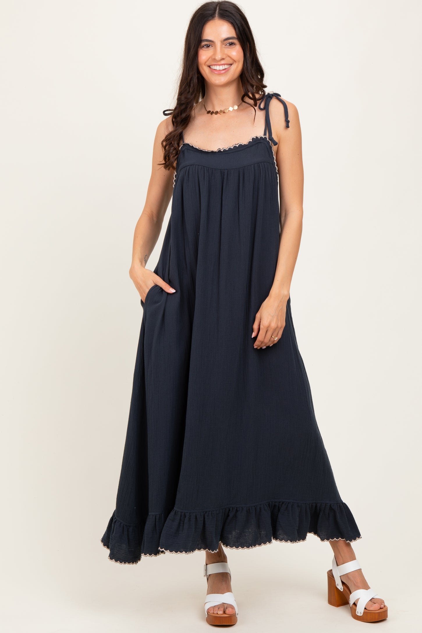 Navy Scallop Trim Shoulder Tie Maternity Maxi Dress
