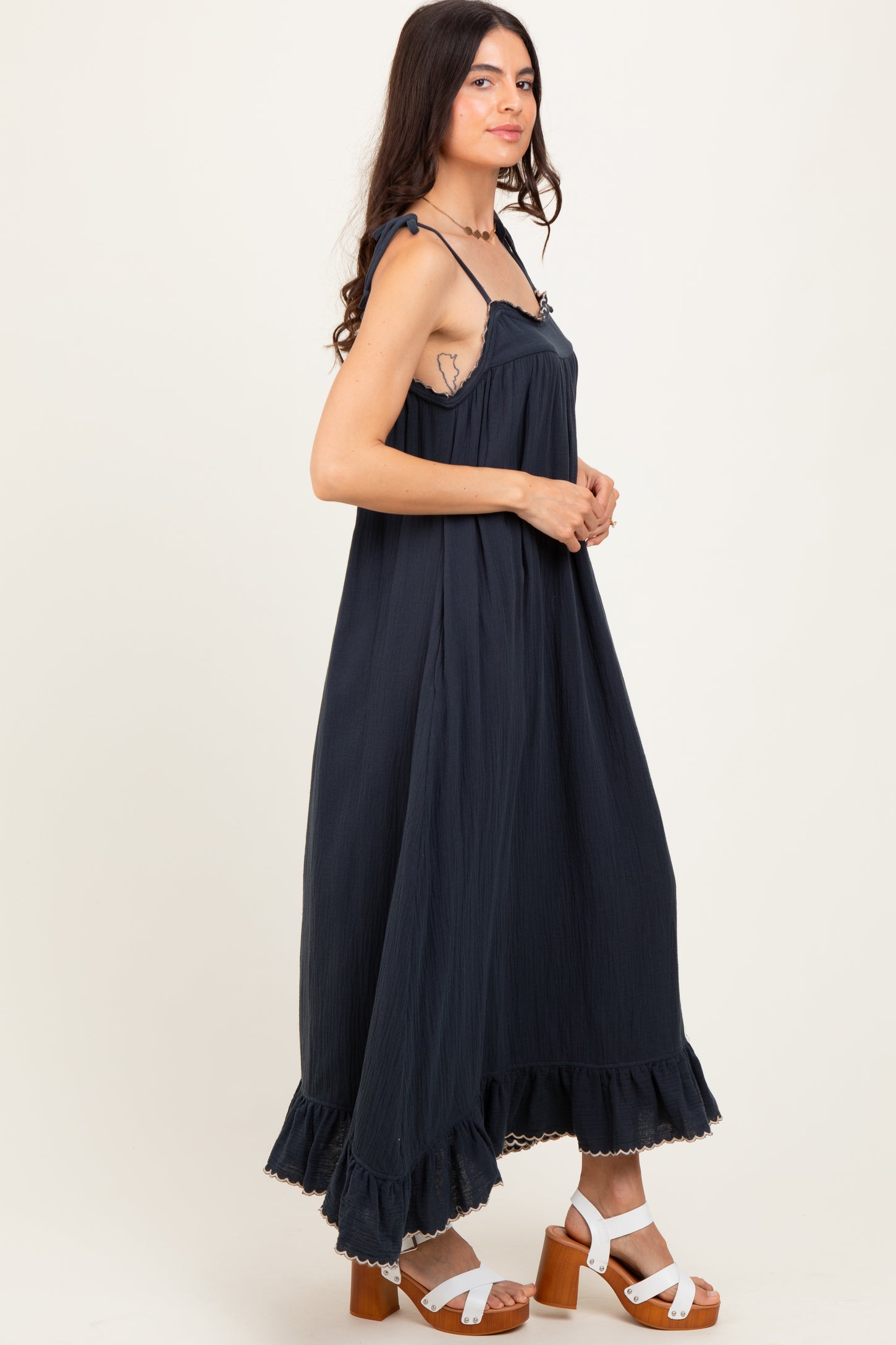 Navy Scallop Trim Shoulder Tie Maxi Dress