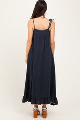 Navy Scallop Trim Shoulder Tie Maxi Dress