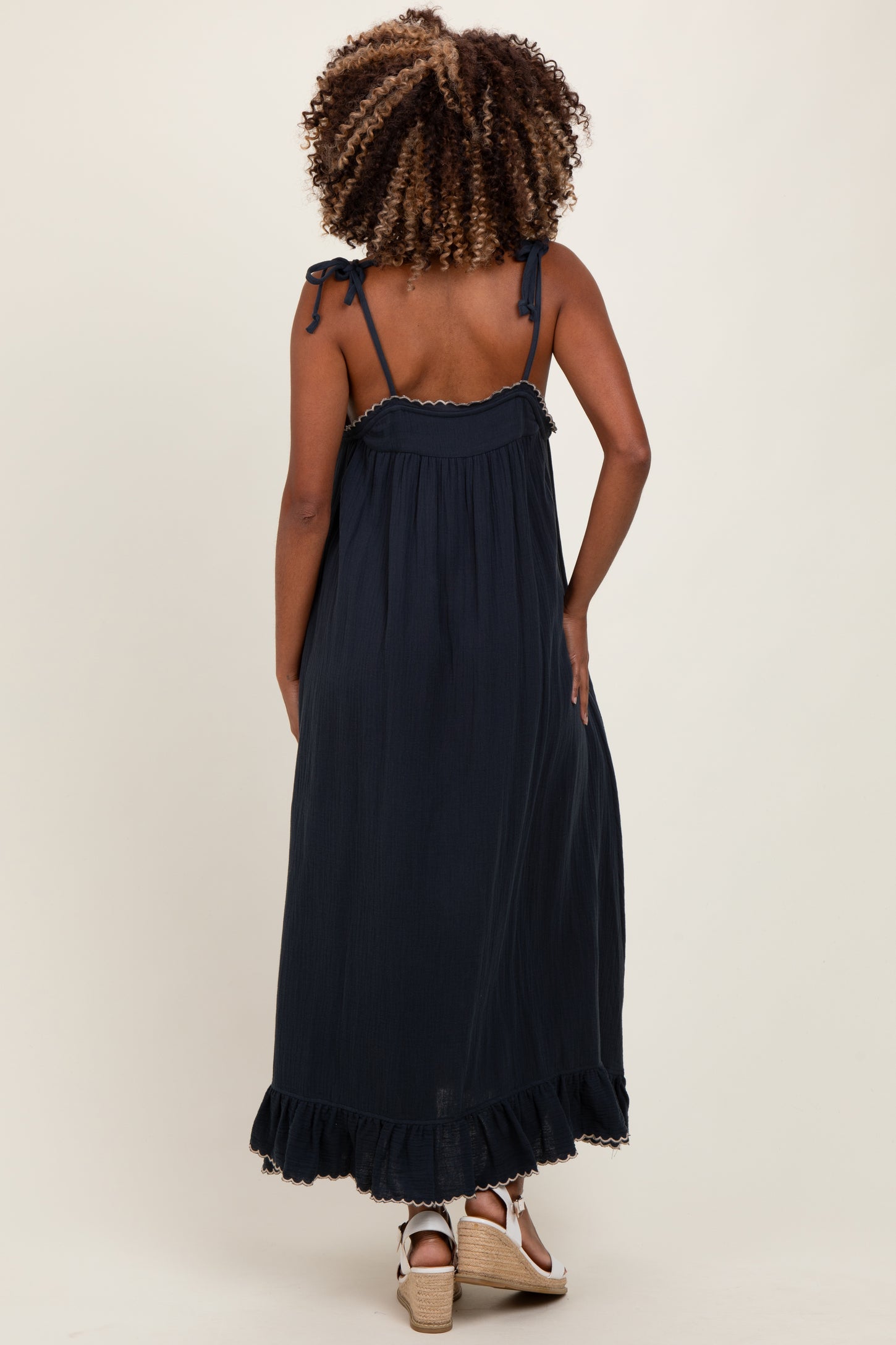 Navy Scallop Trim Shoulder Tie Maternity Maxi Dress