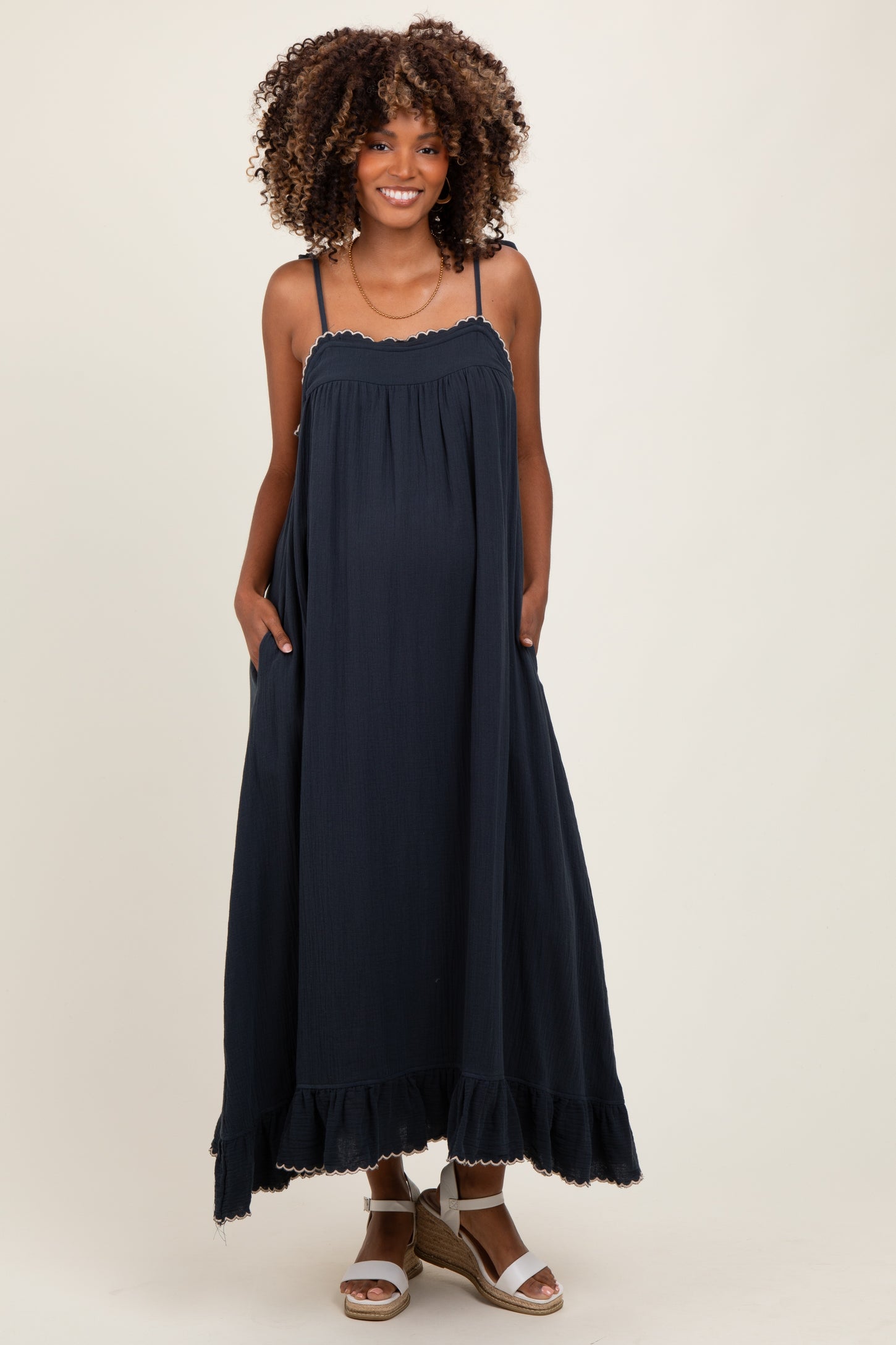 Navy Scallop Trim Shoulder Tie Maternity Maxi Dress