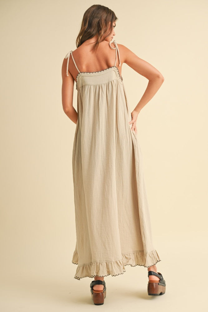 Beige Scallop Trim Shoulder Tie Maxi Dress