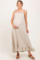 Beige Scallop Trim Shoulder Tie Maternity Maxi Dress