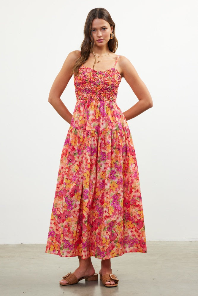 Coral Floral Textured Smocked Maxi Dress