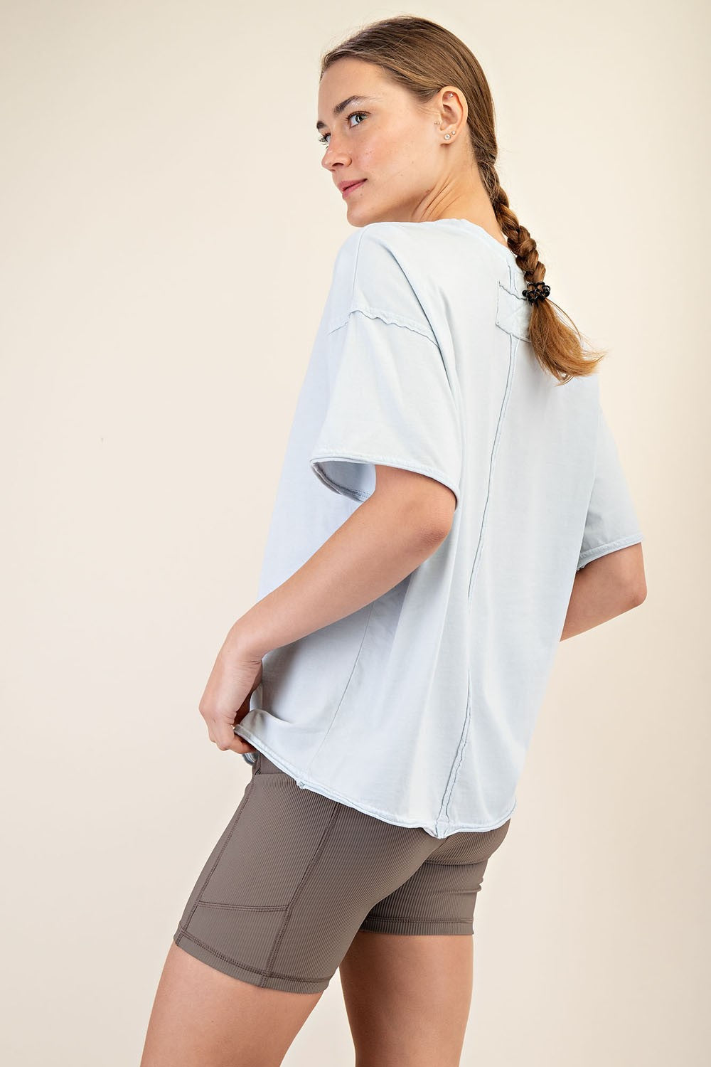 Light Blue Boxy Raw Edge Short Sleeve Tee