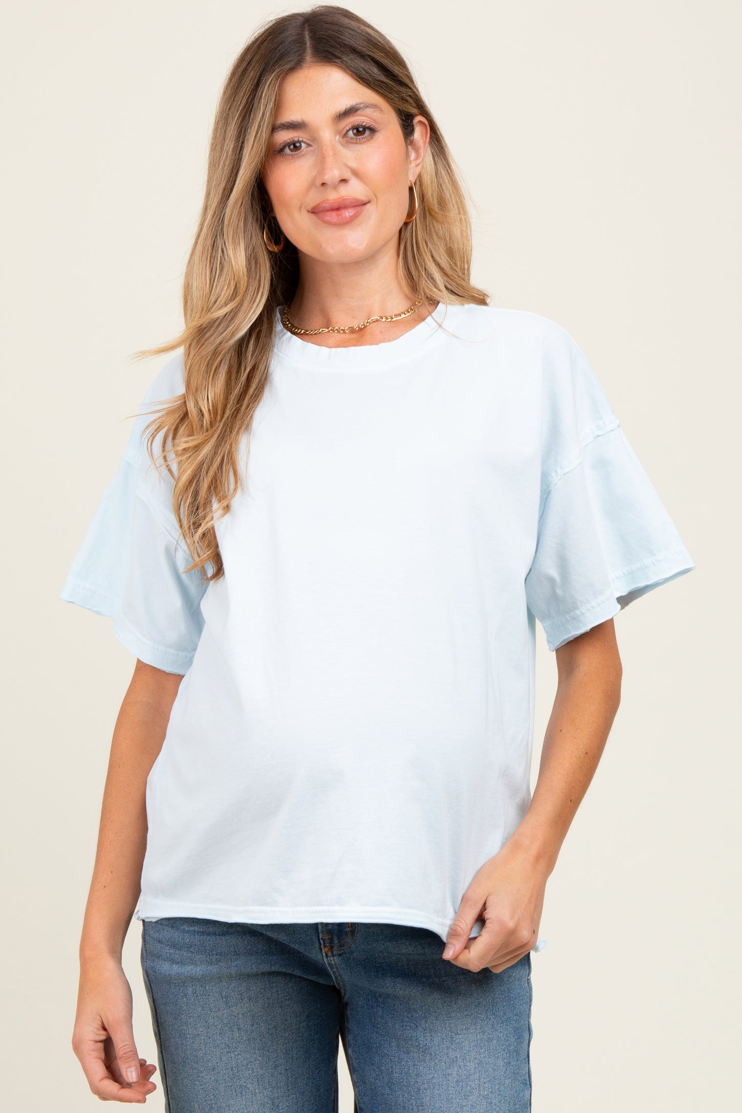 Light Blue Boxy Raw Edge Maternity Short Sleeve Tee