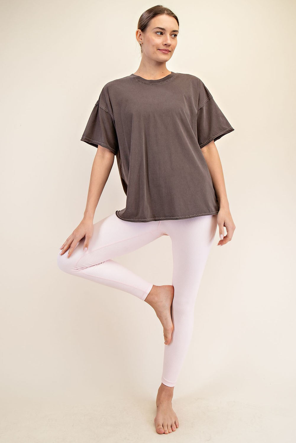 Mocha Boxy Raw Edge Short Sleeve Tee