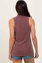 Brown Ribbed Mock Neck Sleeveless Top