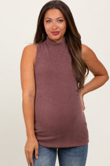 Brown Ribbed Mock Neck Sleeveless Maternity Top