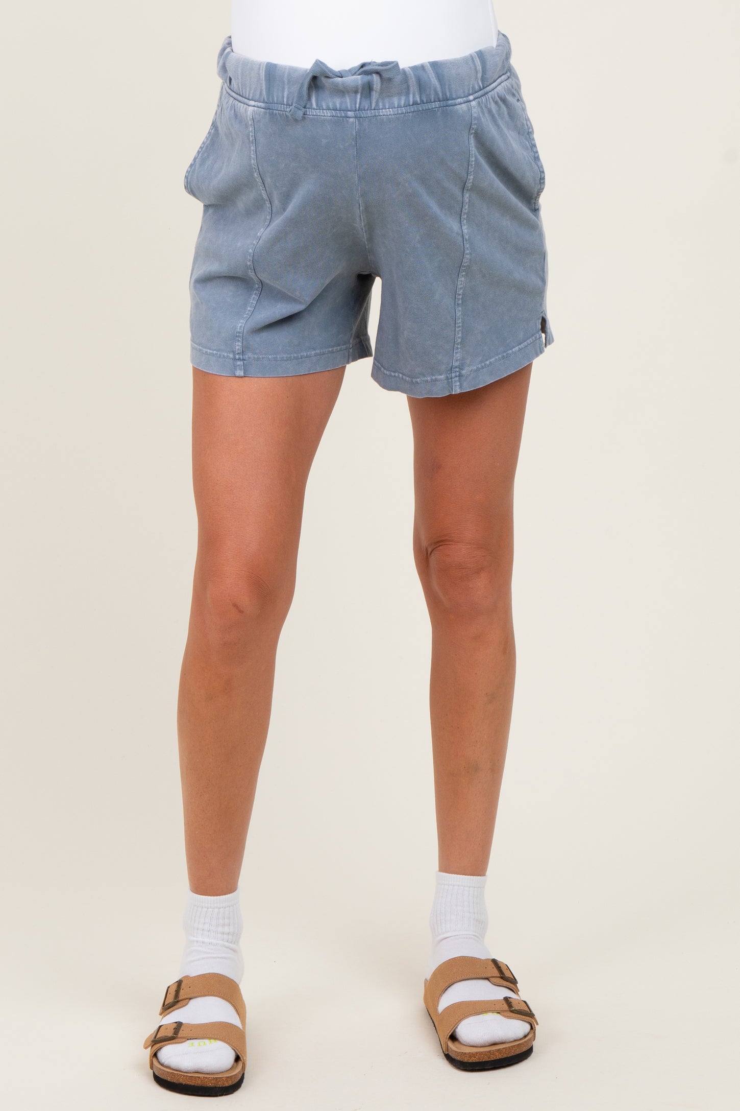Blue Hidden Drawstring Maternity Shorts