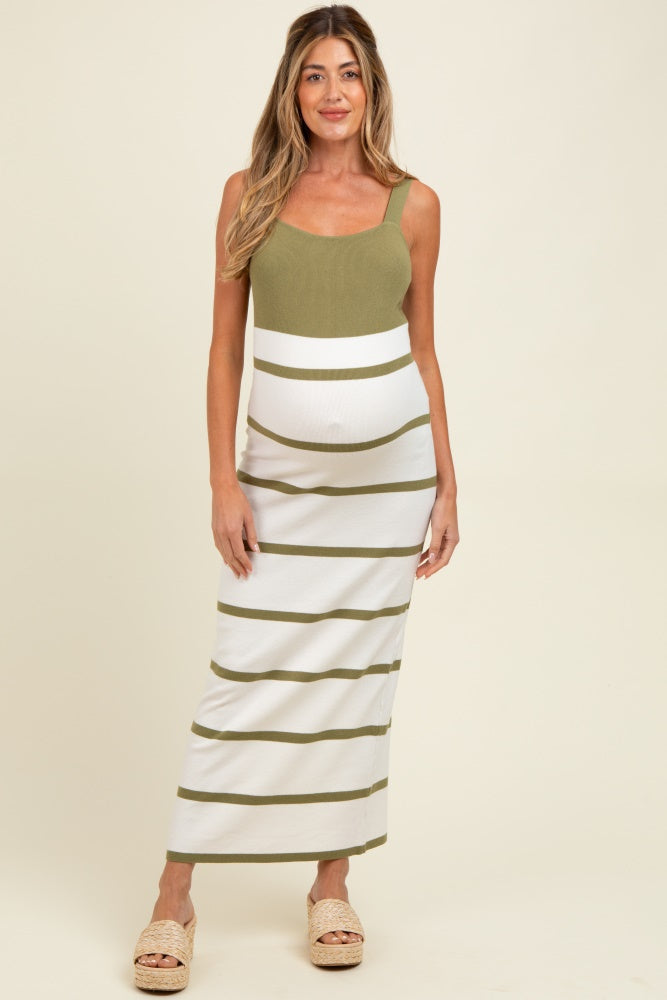 Olive Colorblock Striped Sleeveless Maternity Maxi Dress