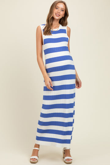 Blue Ribbed Striped Knit Sleeveless Maternity Maxi Dress