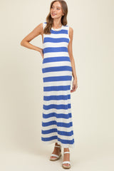 Blue Ribbed Striped Knit Sleeveless Maternity Maxi Dress