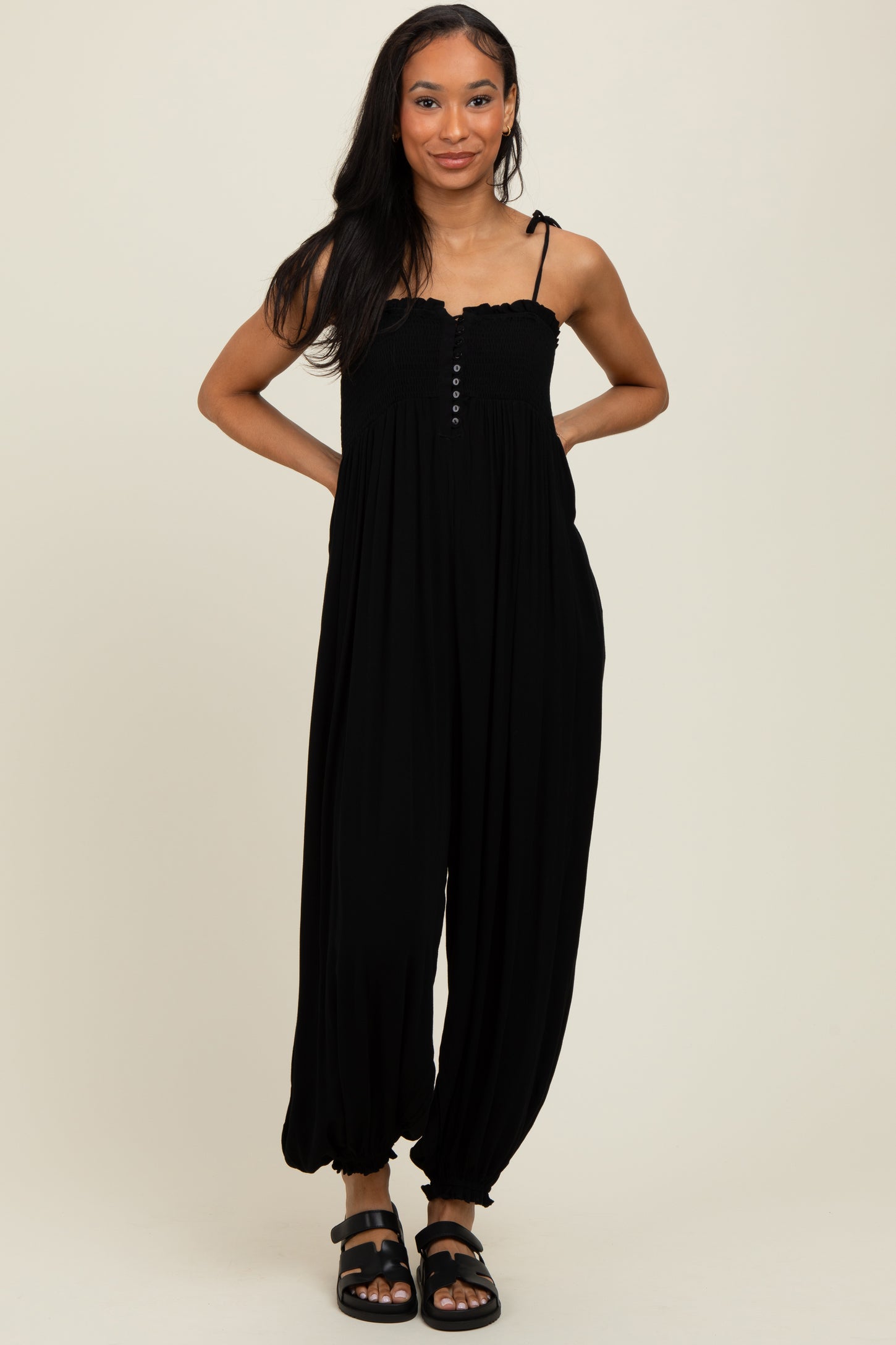 Black Smocked Button Front Shoulder Tie Jumpsuit
