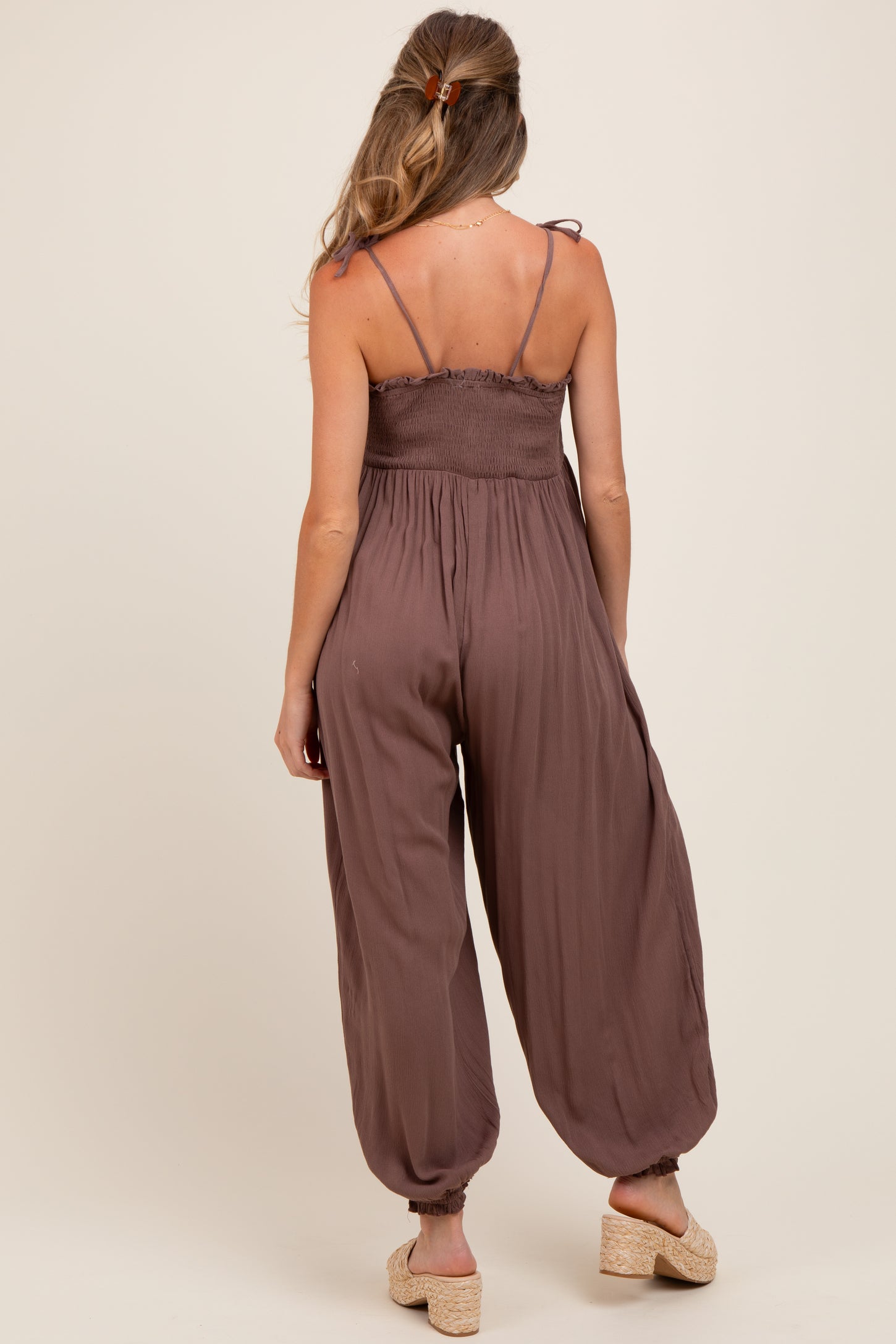Mocha Smocked Button Front Shoulder Tie Maternity Jumpsuit