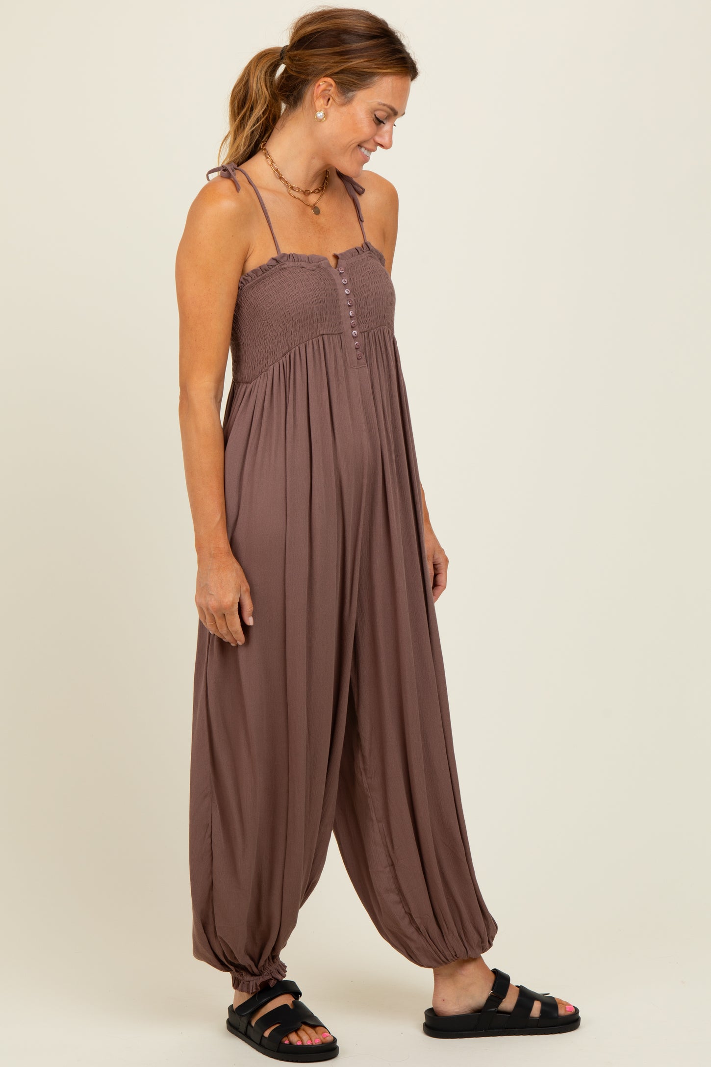 Mocha Smocked Button Front Shoulder Tie Jumpsuit
