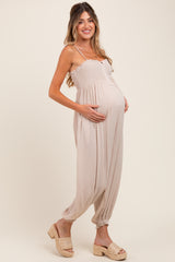 Beige Smocked Button Front Shoulder Tie Maternity Jumpsuit