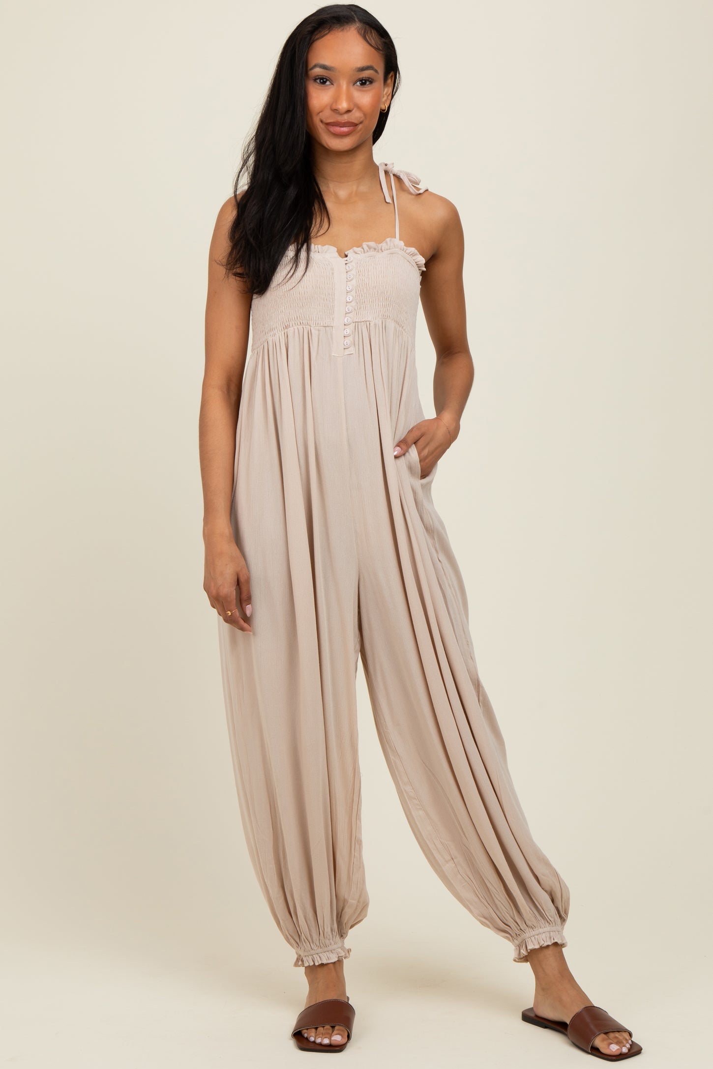 Beige Smocked Button Front Shoulder Tie Maternity Jumpsuit
