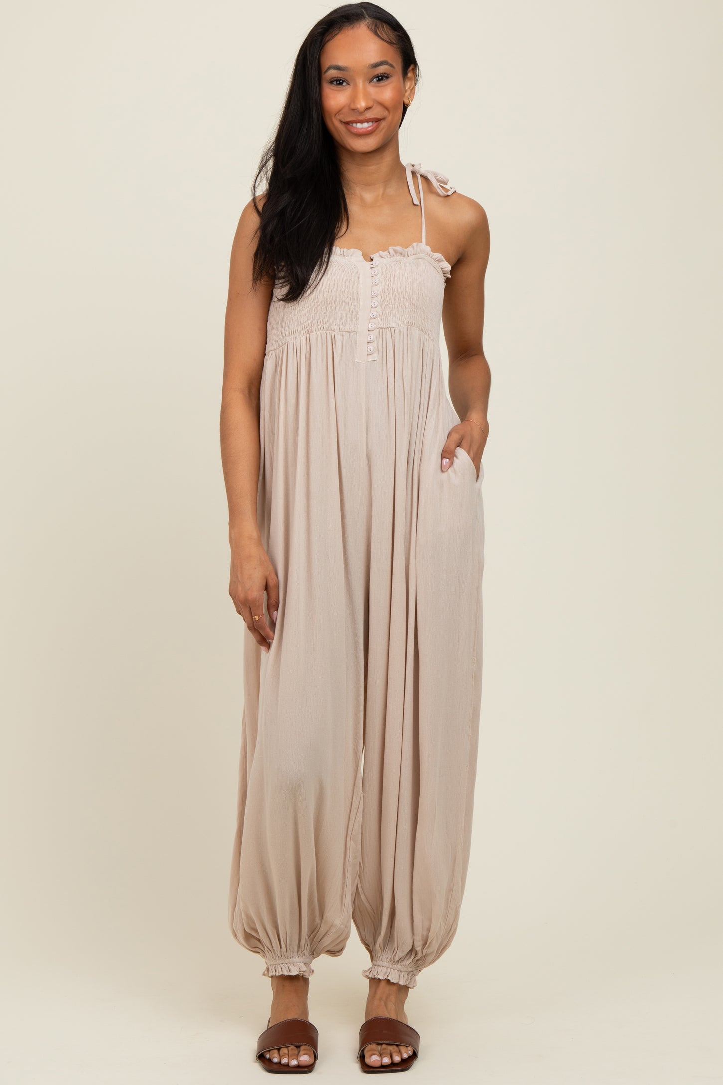 Beige Smocked Button Front Shoulder Tie Jumpsuit