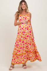 Peach Floral Contrast Wavy Trim Maternity Maxi Dress