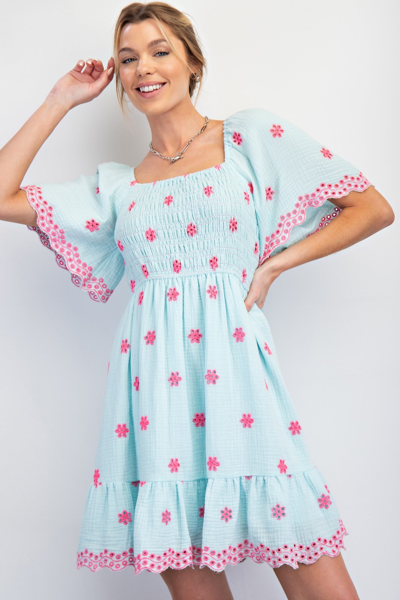 Blue Embroidered Detail Smocked Tie Back Dress