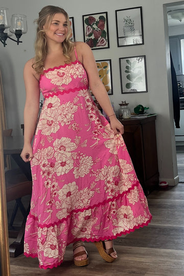 Fuchsia Floral Wavy Trim Maxi Dress