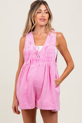 Pink Deep V-Neck Pleated Front Tie Sleeveless Maternity Romper