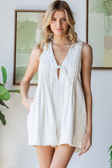 Cream Deep V-Neck Pleated Front Tie Sleeveless Romper