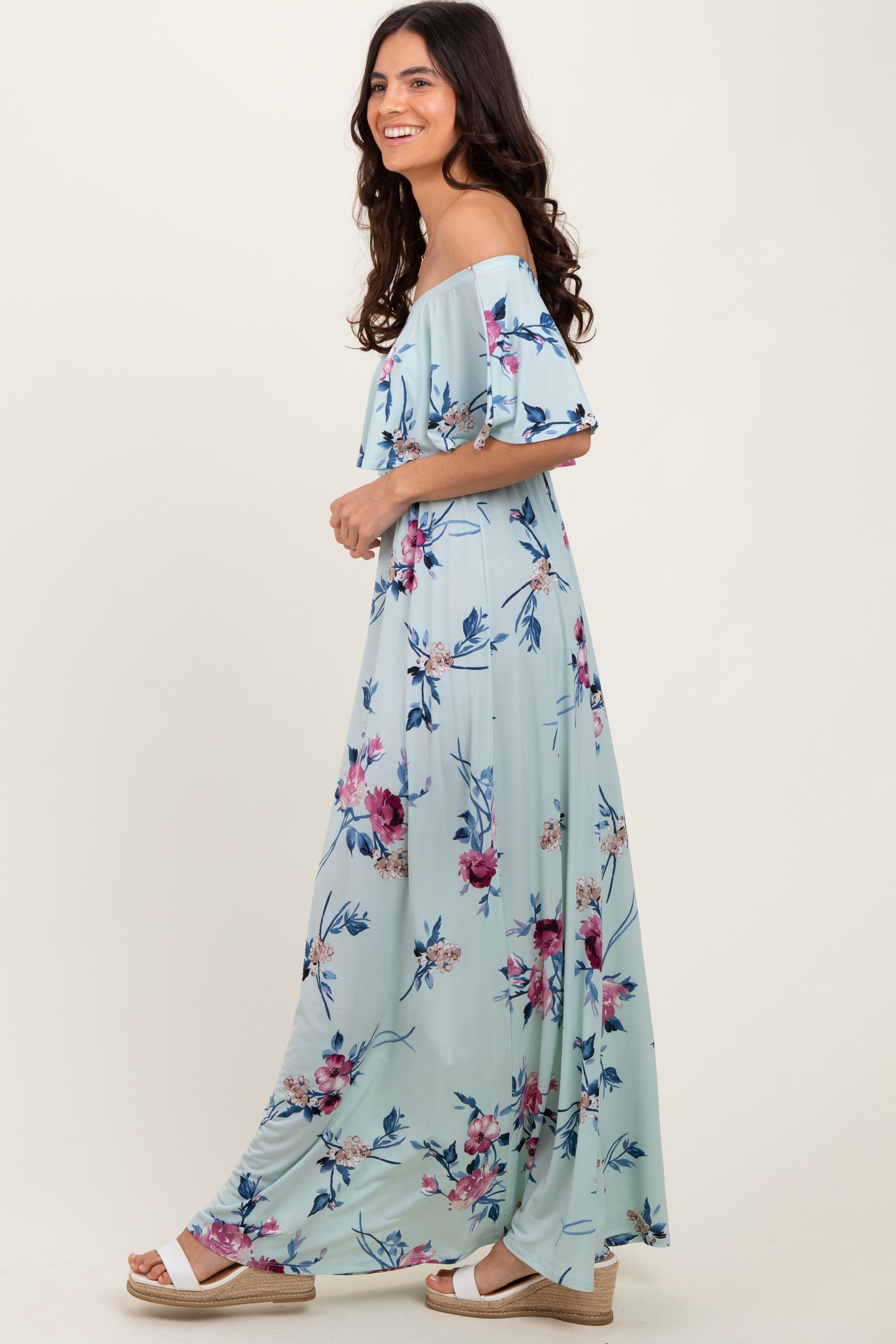 Mint Off Shoulder Floral Ruffle Maxi Dress
