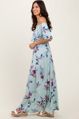 Mint Off Shoulder Floral Ruffle Maxi Dress