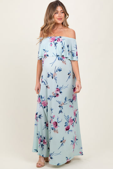 Mint Off Shoulder Floral Ruffle Maternity Maxi Dress