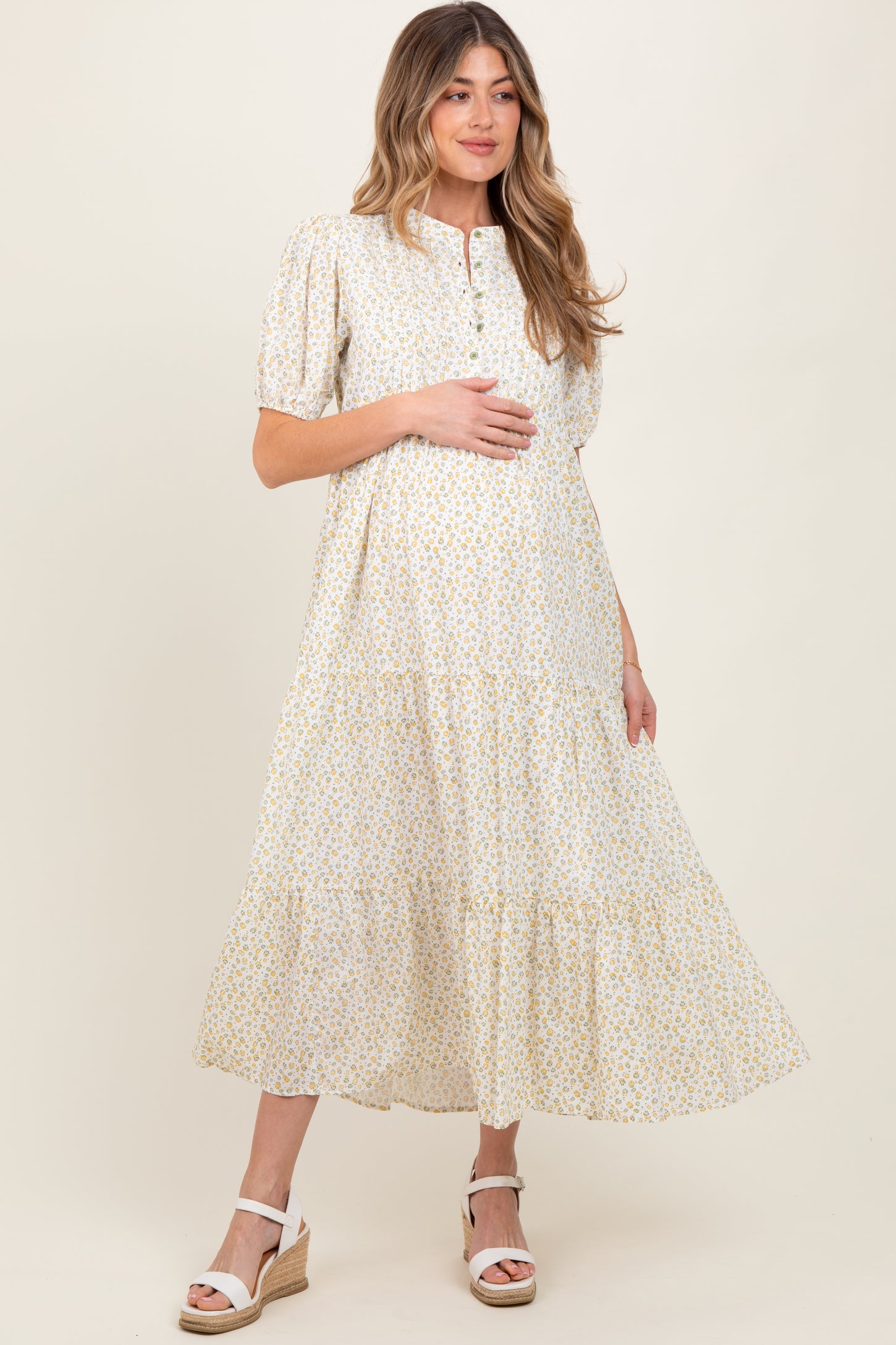 Green Iris Floral Button Maternity Maxi Dress