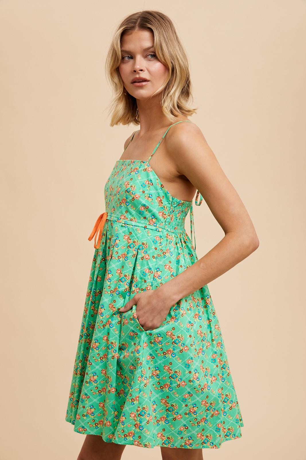 Green Floral Sleeveless Mini Dress