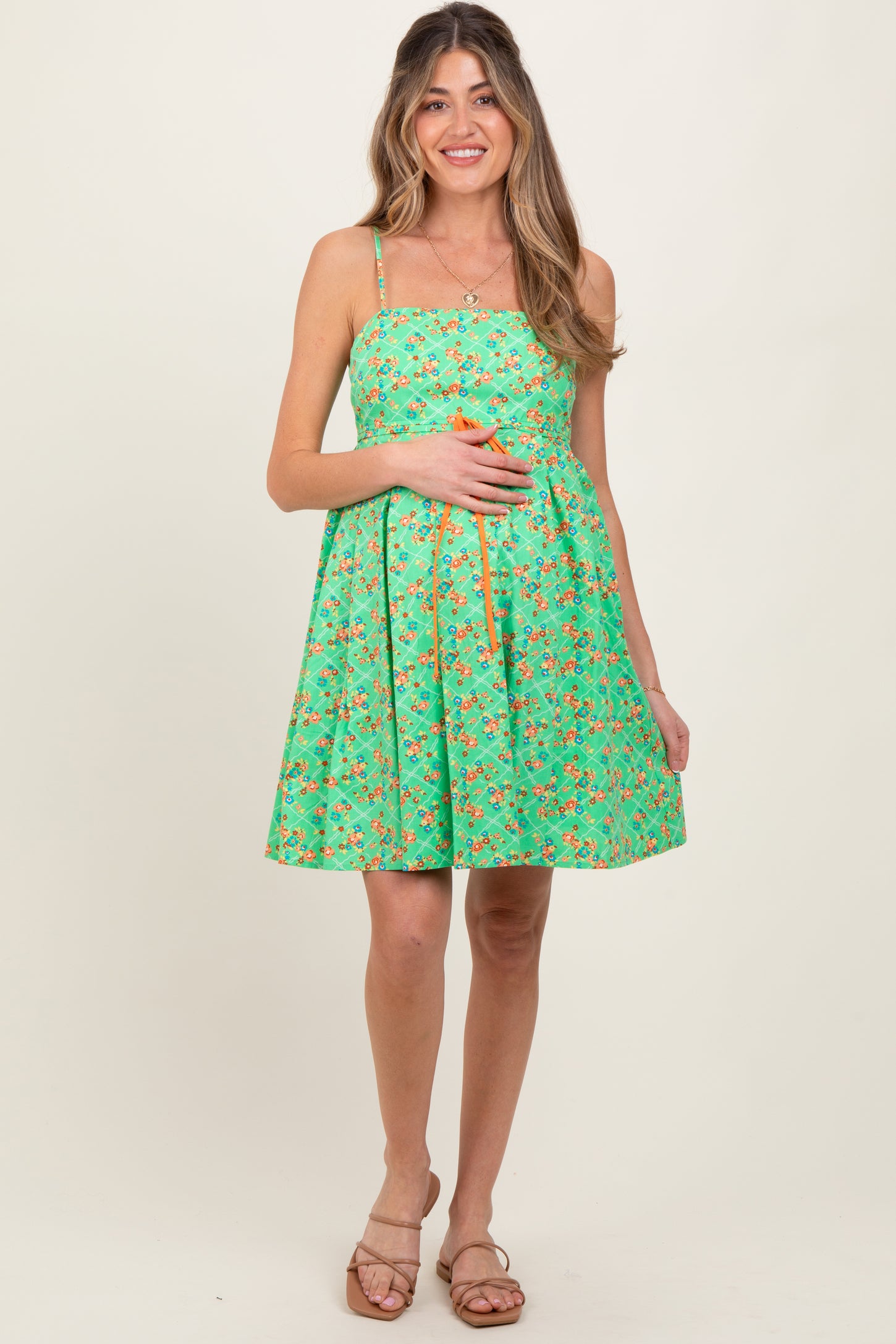 Green Floral Sleeveless Maternity Mini Dress