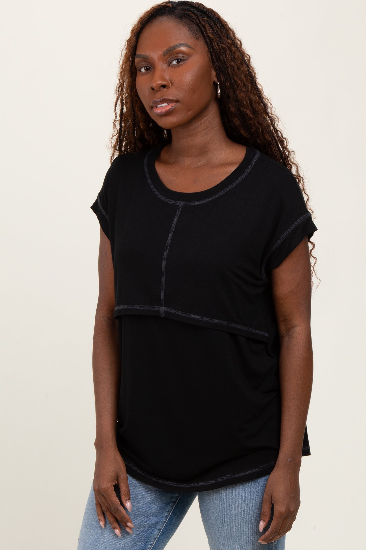 Black Double Layer Short Sleeve Nursing Top