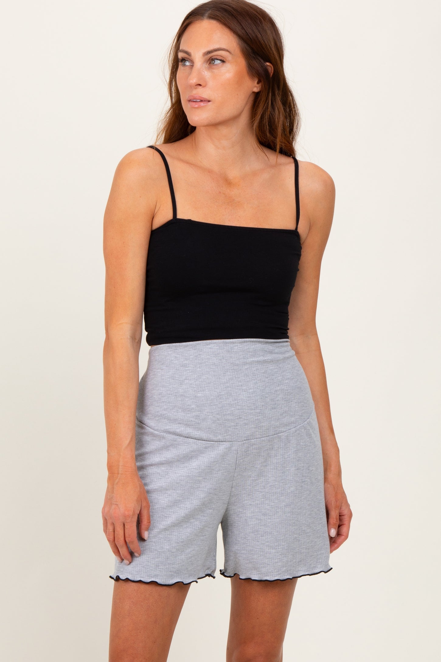 Heather Gray Ribbed Maternity High Waisted Lounge Shorts
