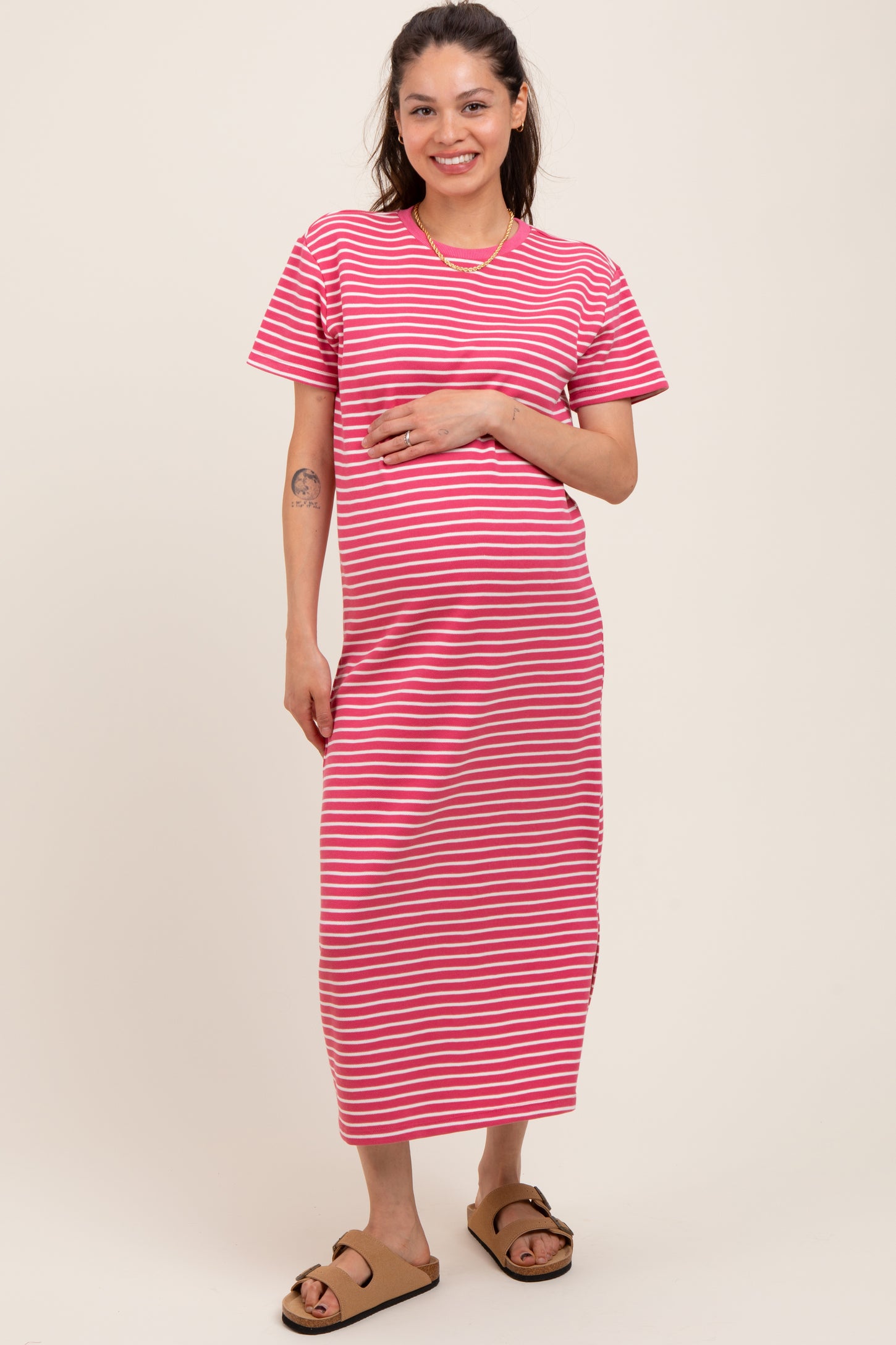 Pink Striped Short Sleeve Maternity T-Shirt Midi Dress