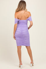 Lavender Mesh Ruched Off Shoulder Maternity Fitted Dress