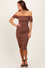 Mocha Mesh Ruched Off Shoulder Maternity Fitted Dress