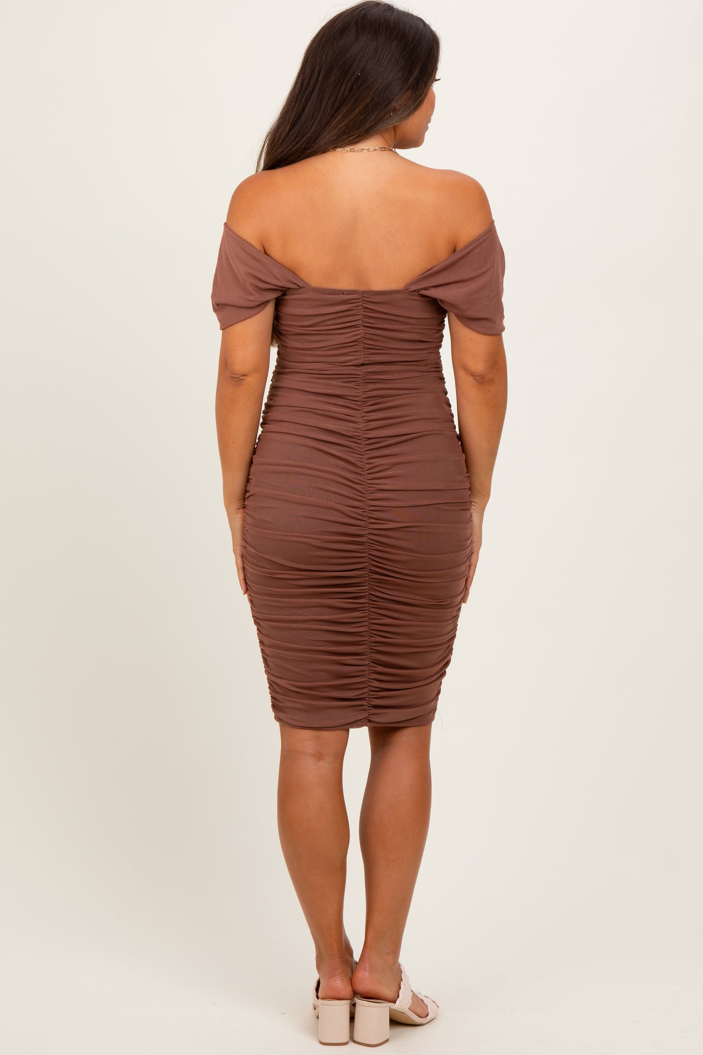 Mocha Mesh Ruched Off Shoulder Maternity Fitted Dress
