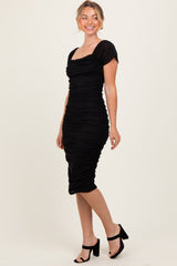 Black Mesh Ruched Off Shoulder Fitted Dress