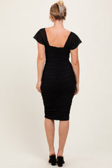 Black Mesh Ruched Off Shoulder Fitted Dress