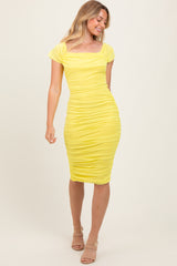 Yellow Mesh Ruched Off Shoulder Maternity Fitted Dress