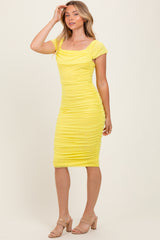 Yellow Mesh Ruched Off Shoulder Fitted Dress